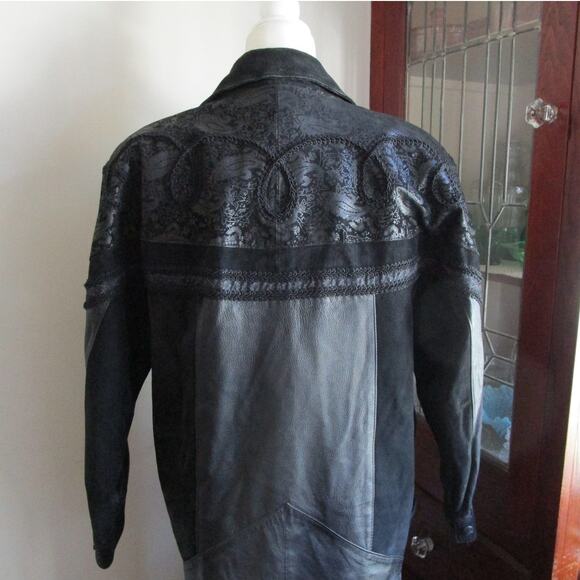 Vintage 80s/90s Wilsons Leather Maxi Trench Coat Embossed Paisley Braid Trim - Picture 7 of 17